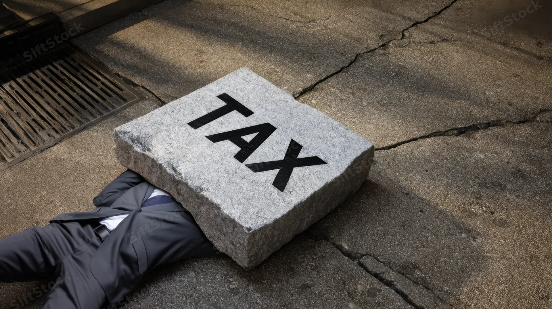 Man in suit lying on pavement crushed by large stone labeled tax