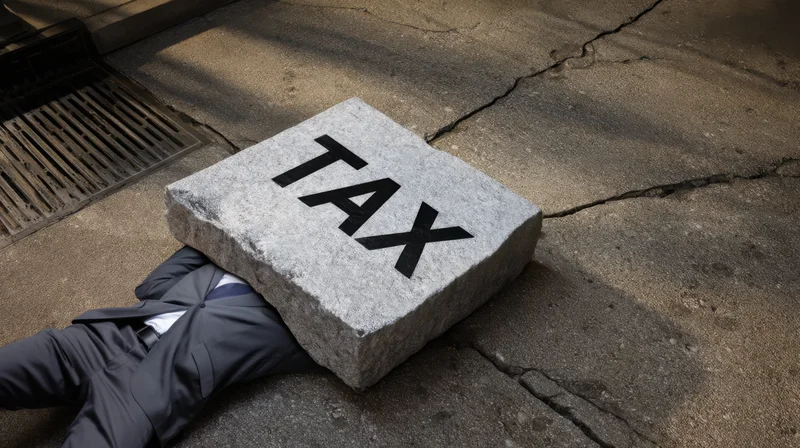 Man in suit lying on pavement crushed by large stone labeled tax