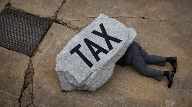 Man in suit crushed under large stone labeled tax on cracked pavement