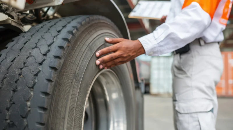 Mechanic inspecting truck tire with hand on tread in industrial setting