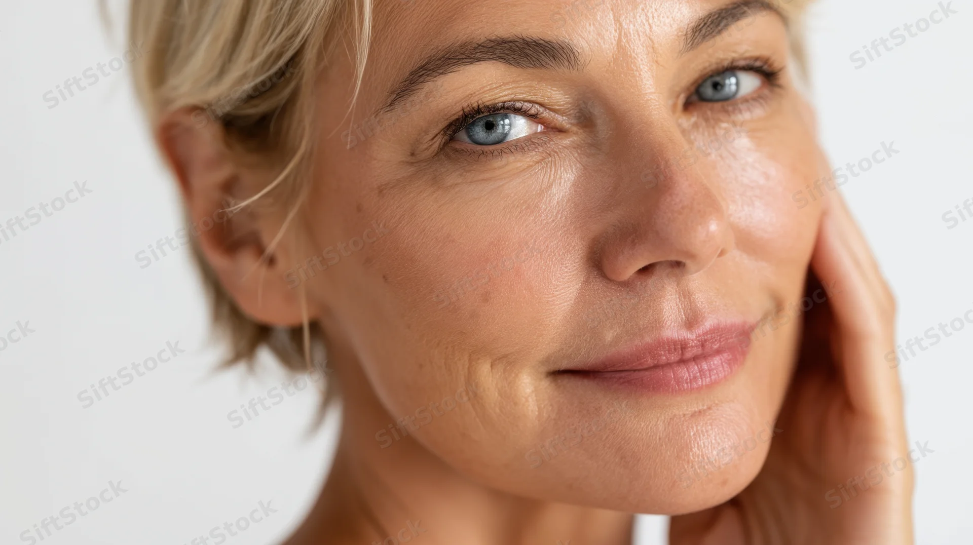 Mature woman with short blonde hair and blue eyes touching her cheek in a closeup portrait with soft studio lighting
