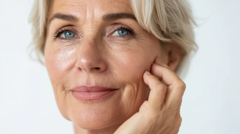 Mature woman with short blonde hair smiling gently while touching her face in studio setting