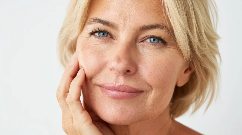 Mature woman with short blonde hair smiling gently with hand on cheek against white background