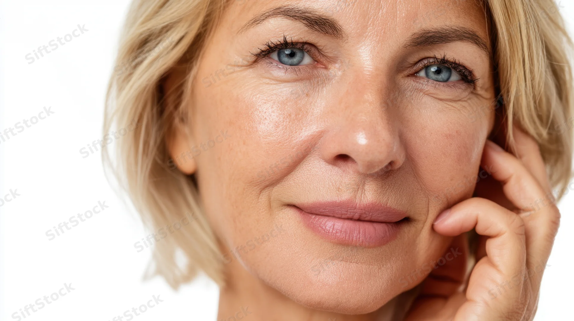 Mature woman with short blonde hair smiling softly with hand near face against white background