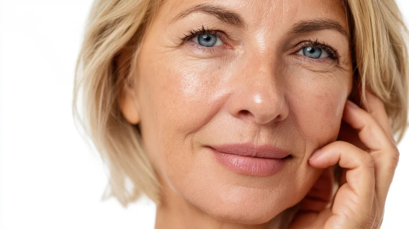 Mature woman with short blonde hair smiling softly with hand near face against white background