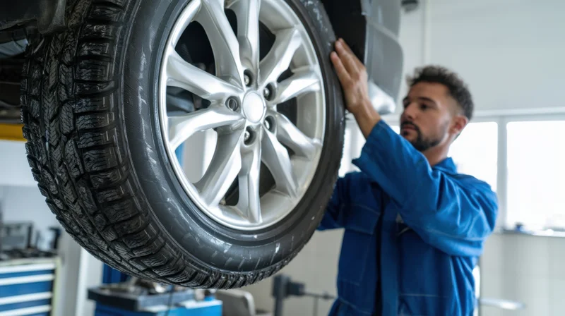 Mechanic lifting car tire in workshop