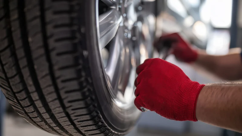 Mechanic tightening lug nuts on a car wheel in a workshop