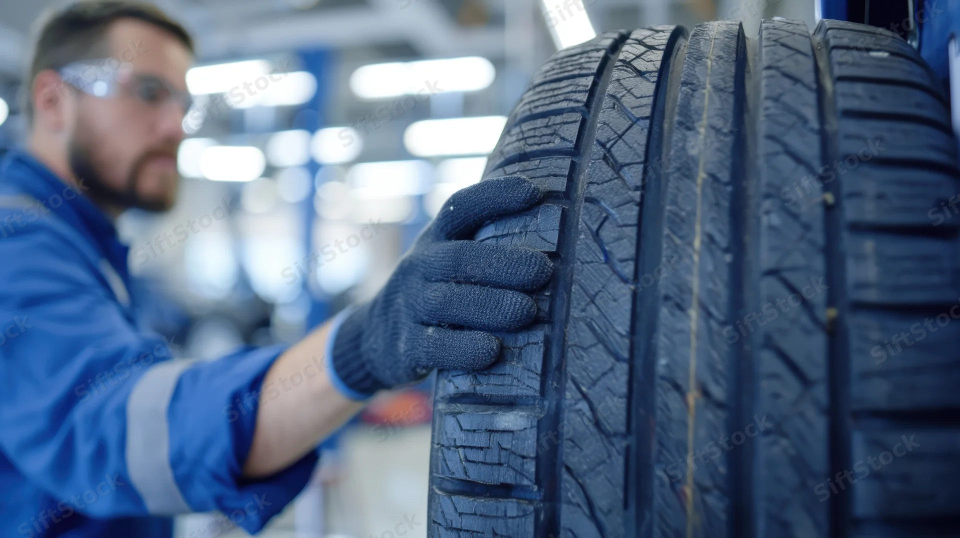 Mechanic inspecting tire tread in automotive workshop