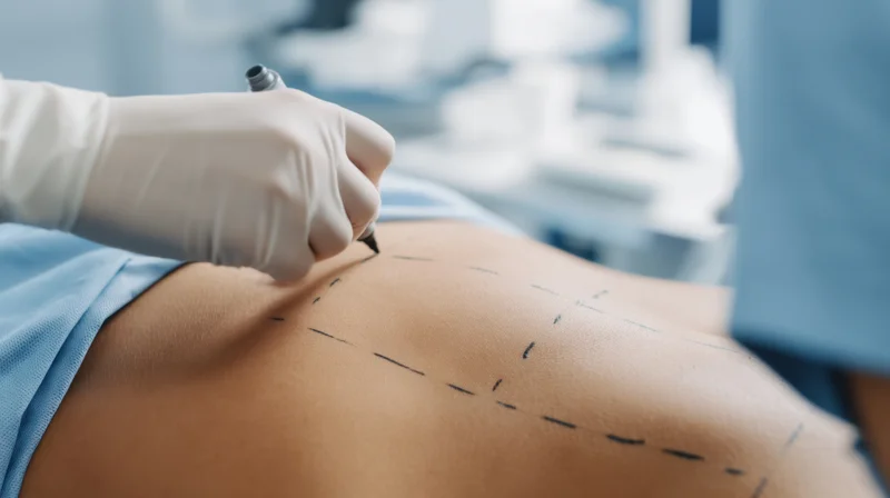 Surgeon marking patient's abdomen with surgical pen in clinic