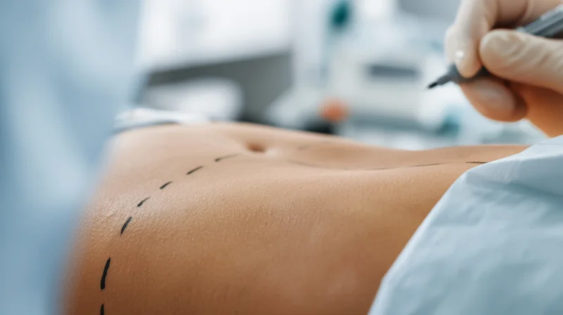 Surgeon marking patient's abdomen with dashed line for surgical procedure in clinic