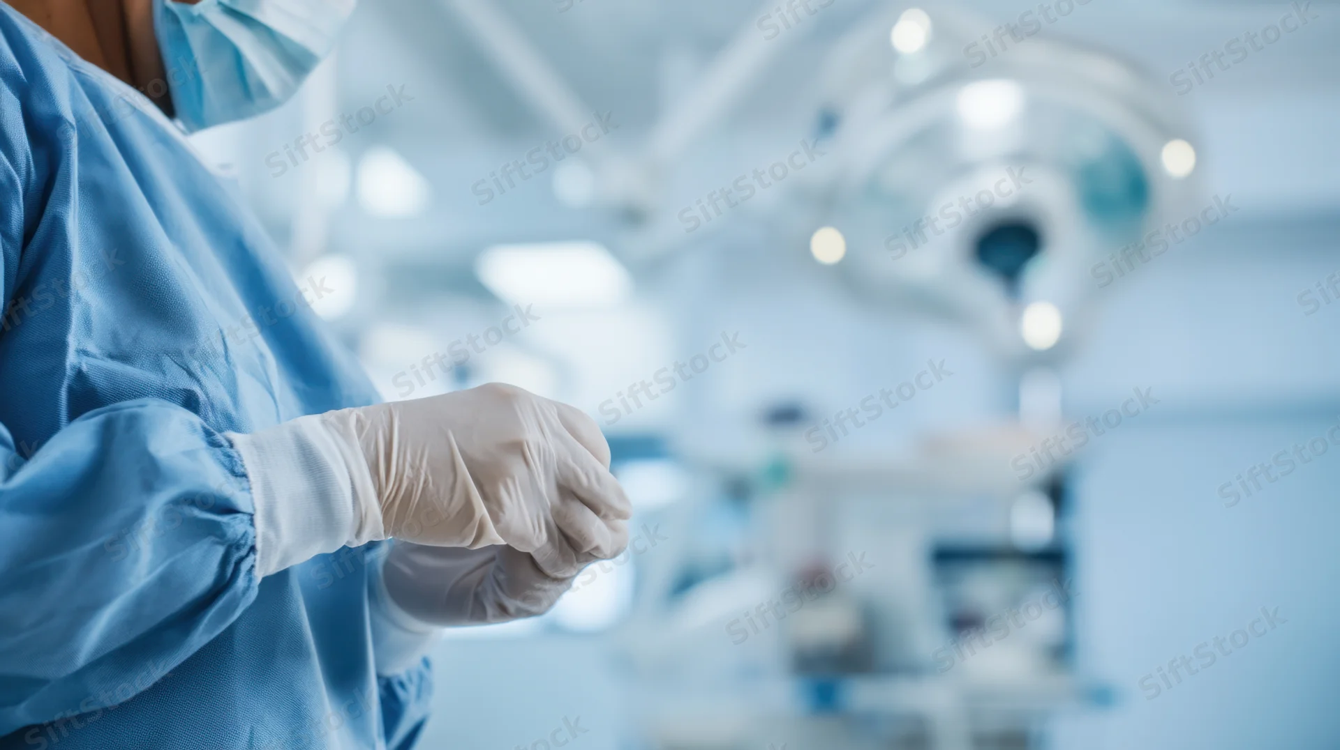 Surgeon preparing for surgery in operating room wearing scrubs and gloves