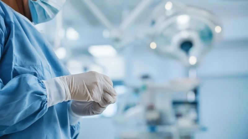 Surgeon preparing for surgery in operating room wearing scrubs and gloves