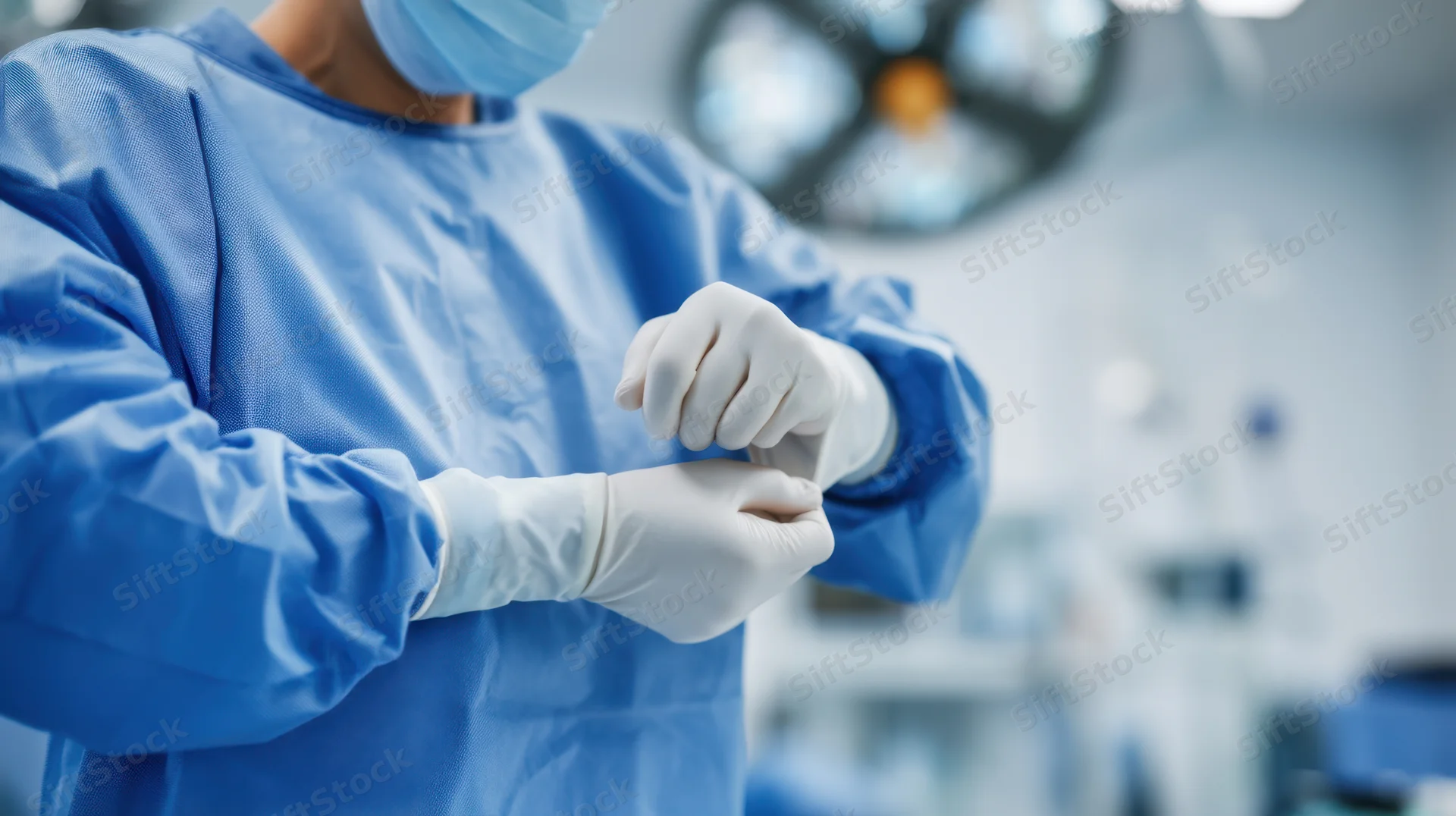 Surgeon preparing for surgery by putting on gloves in operating room