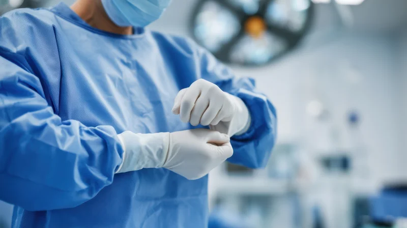 Surgeon preparing for surgery by putting on gloves in operating room