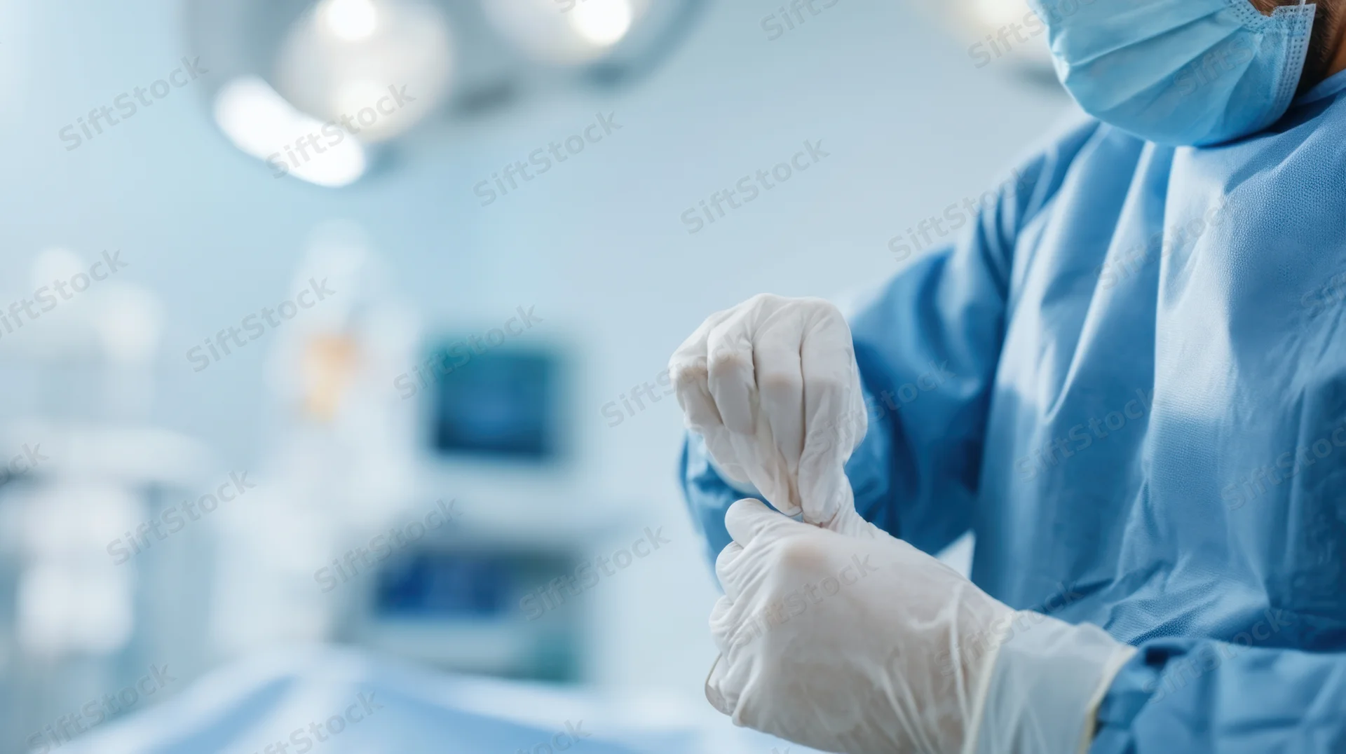 Surgeon preparing for surgery by putting on gloves in an operating room