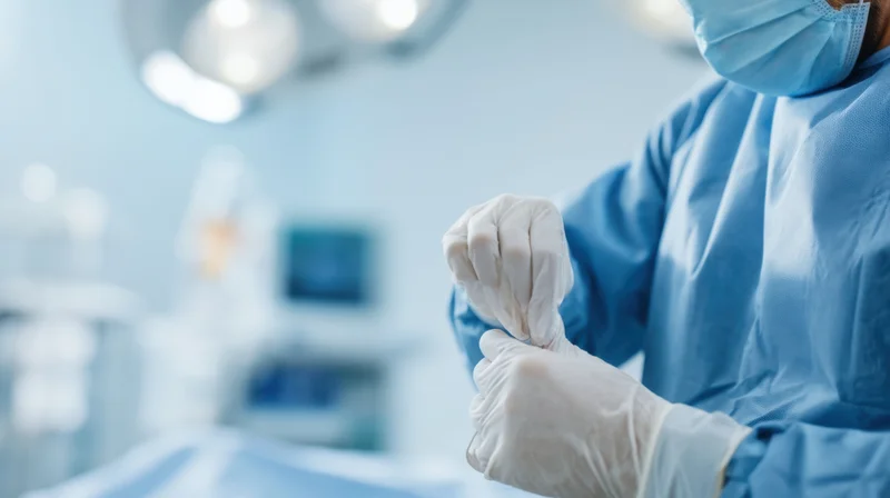 Surgeon preparing for surgery by putting on gloves in an operating room