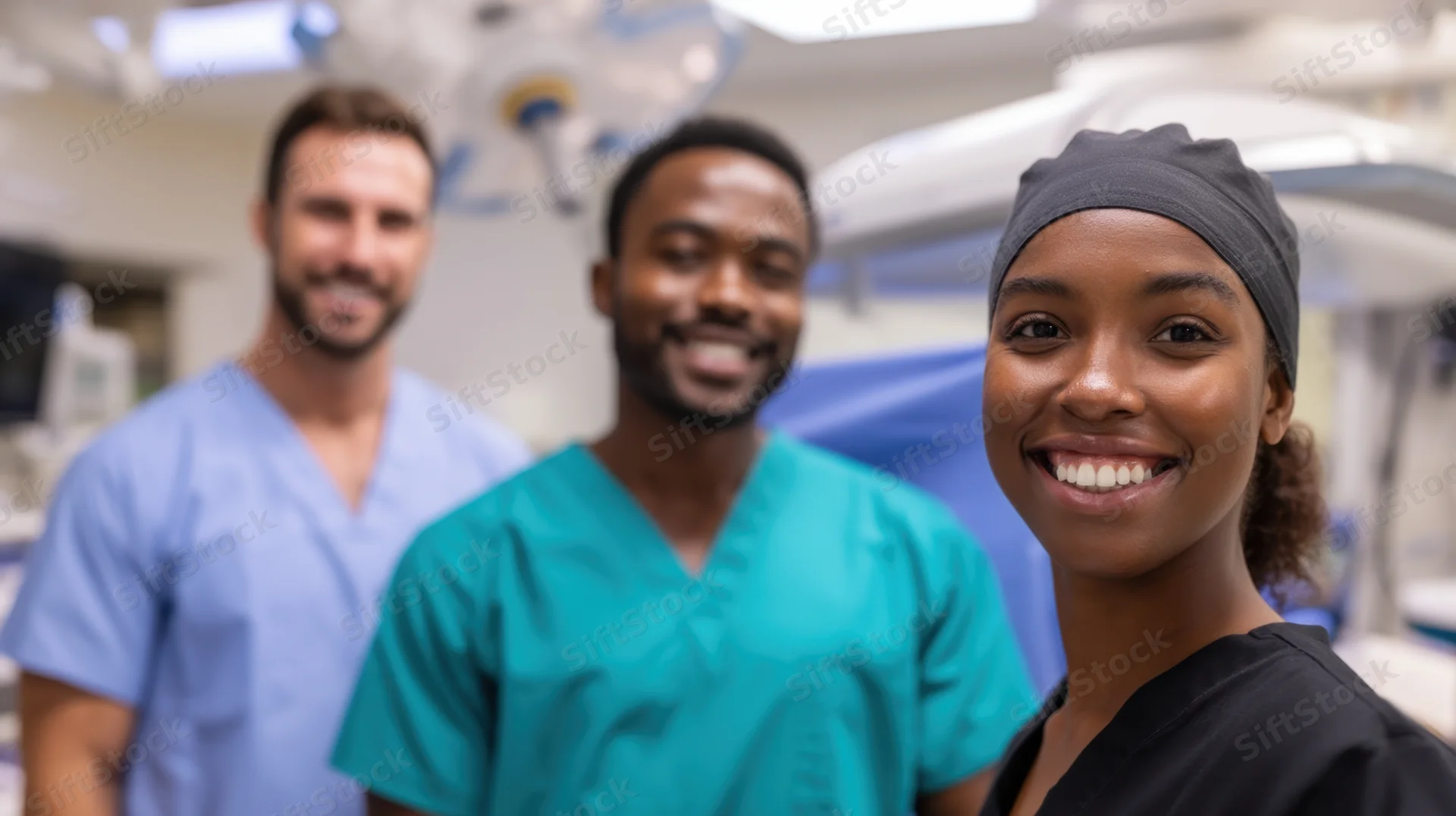 Medical team smiling in hospital operating room wearing scrubs