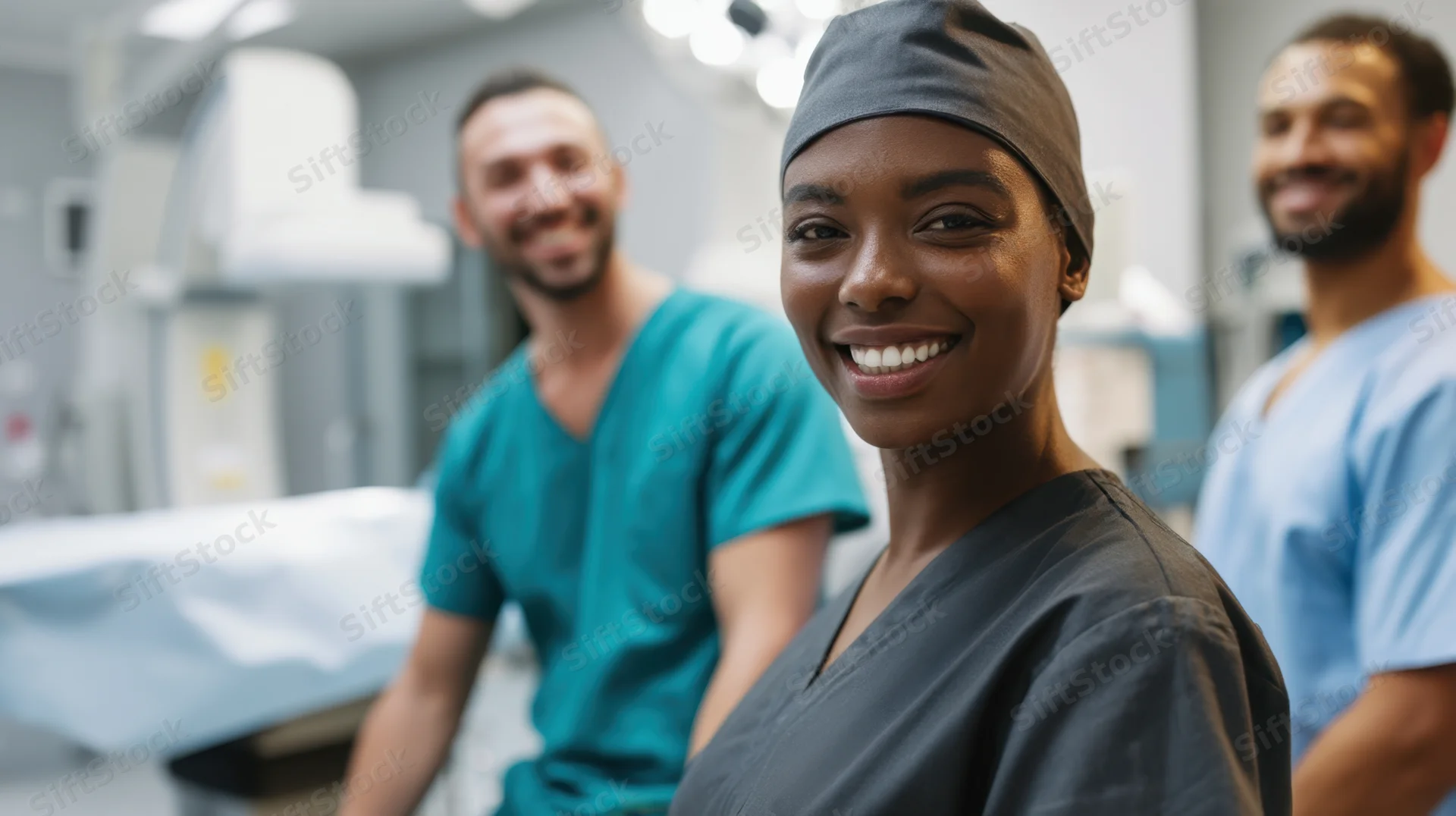 Smiling medical team in operating room wearing scrubs and caps