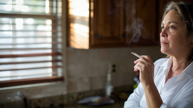 Middle-aged woman smoking a cigarette in a kitchen, looking out the window in profile