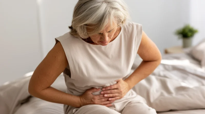Senior woman sitting on bed holding her stomach in discomfort