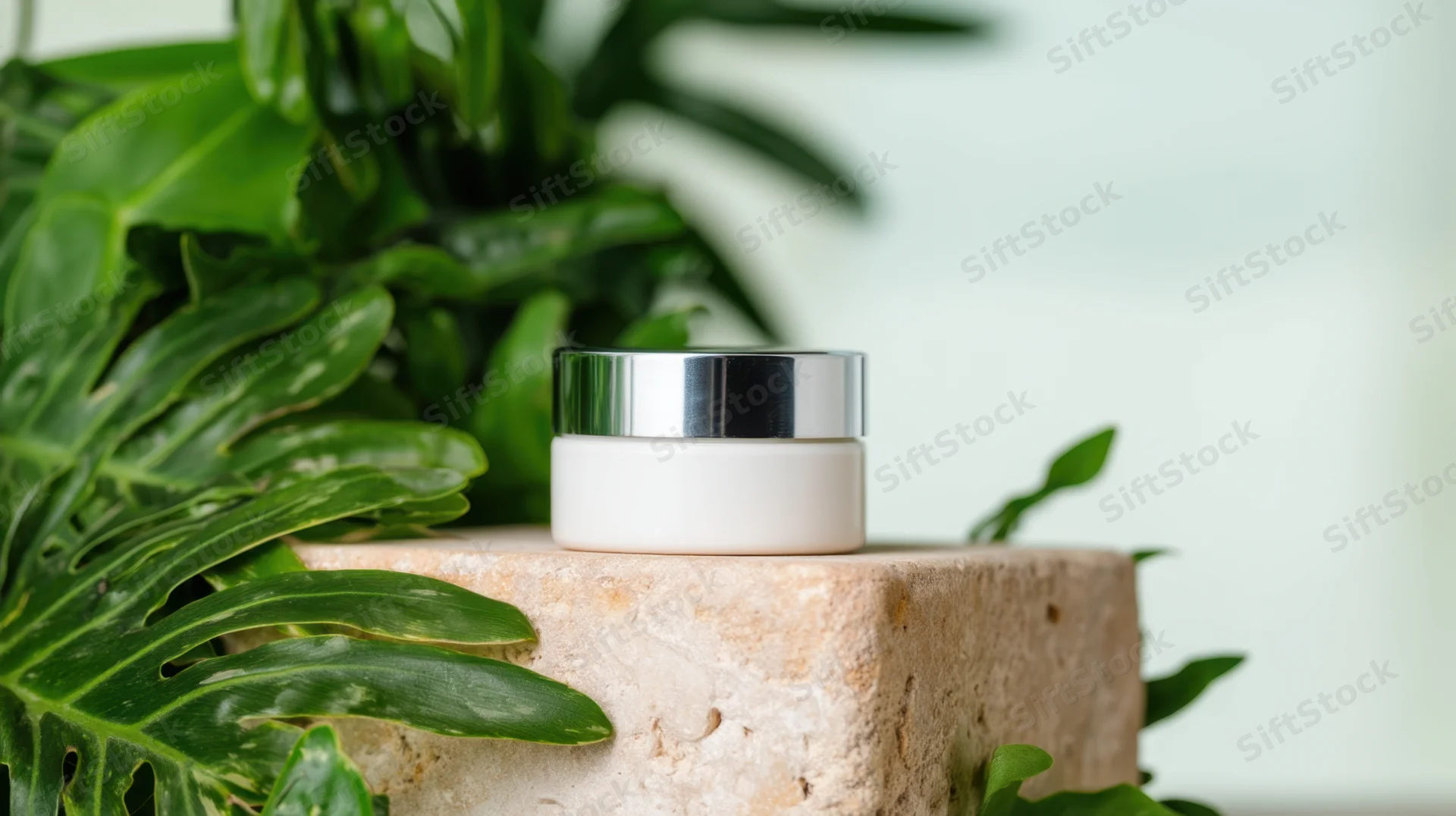White skincare cream jar with silver lid on textured stone pedestal surrounded by green monstera leaves