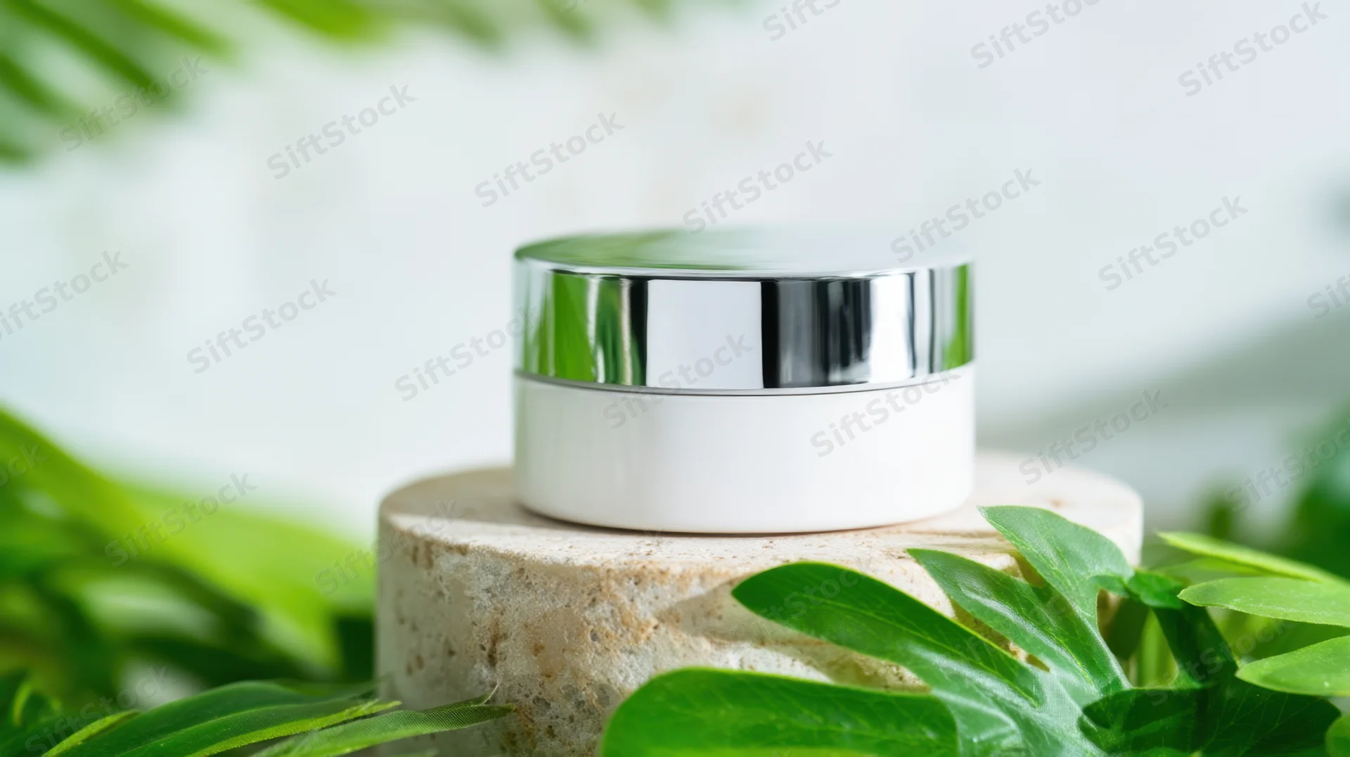 White skincare cream jar with silver lid on textured stone pedestal surrounded by green leaves