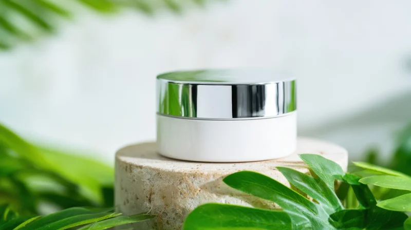White skincare cream jar with silver lid on textured stone pedestal surrounded by green leaves