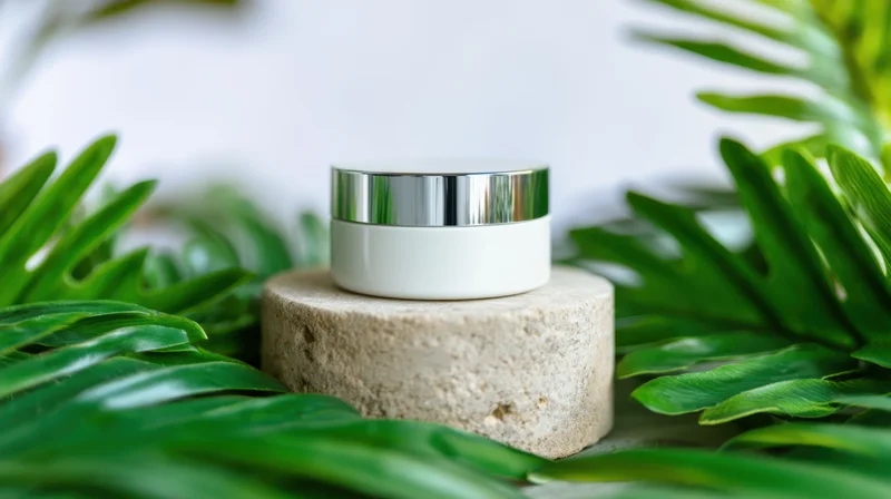 White skincare cream jar with silver lid on stone pedestal surrounded by green monstera leaves