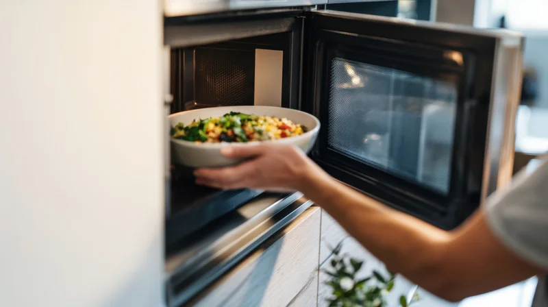 Person placing a bowl of vegetables into a microwave in a modern kitchen