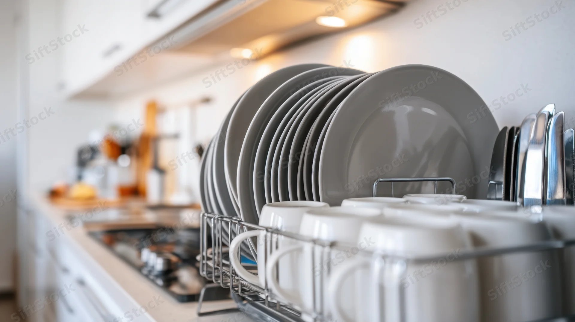 Gray plates and white mugs arranged in a stainless steel dish drying rack on a modern kitchen countertop near a gas stove