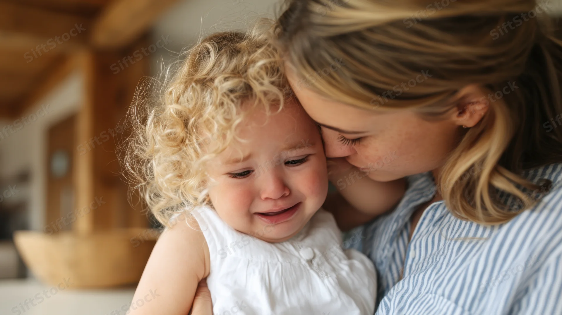 Mother comforting crying child in kitchen