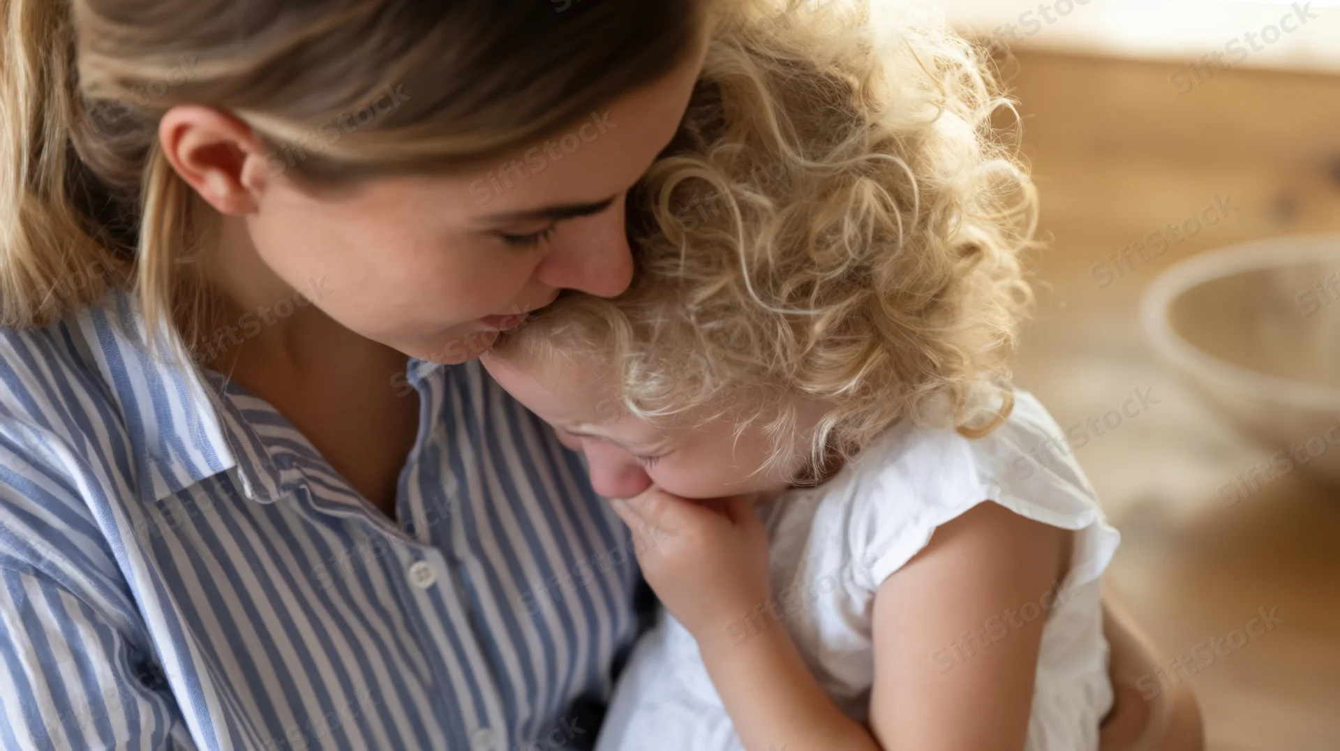 Mother comforting crying child in cozy kitchen setting
