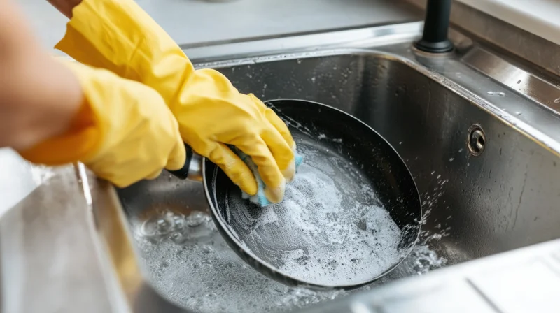 Hands in yellow rubber gloves scrubbing a soapy frying pan in a stainless steel kitchen sink