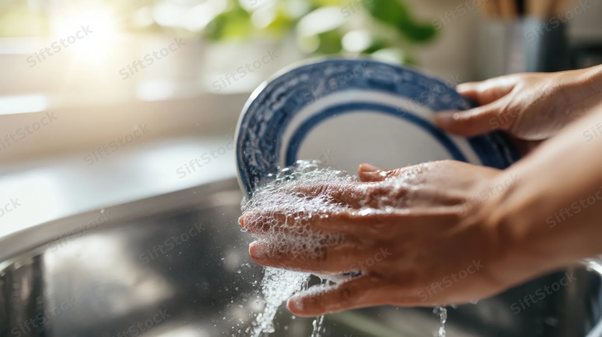Hands washing a blue and white ceramic plate in a kitchen sink with soapy water