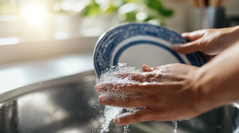Hands washing a blue and white ceramic plate in a kitchen sink with soapy water