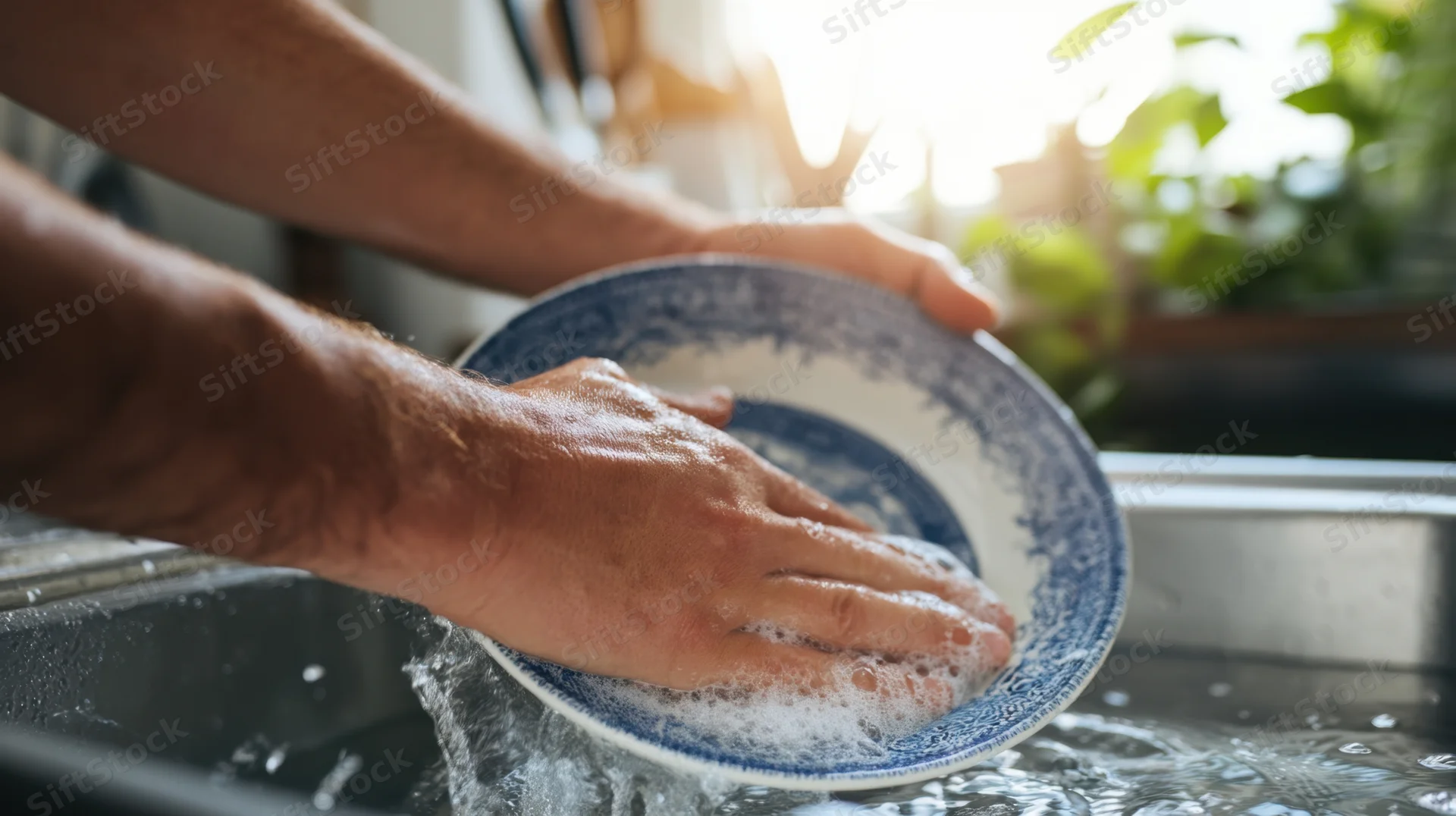 Hands washing a blue and white ceramic plate in a kitchen sink with soapy water