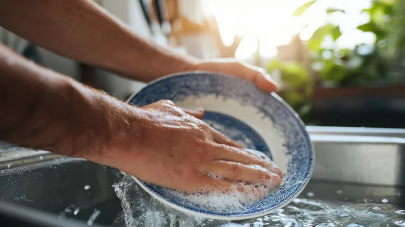 Hands washing a blue and white ceramic plate in a kitchen sink with soapy water