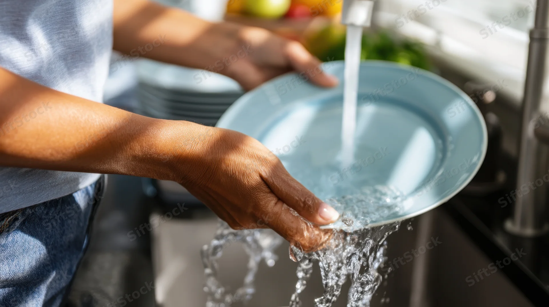Woman washing a light blue plate under running water in a kitchen sink