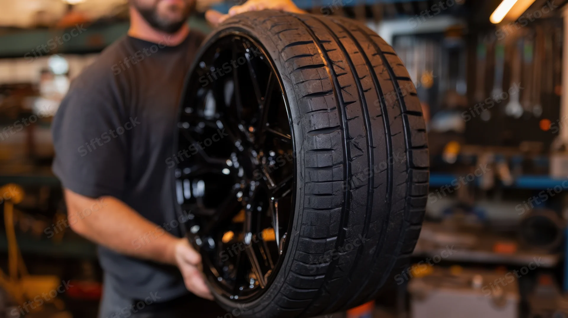 Mechanic holding glossy black alloy wheel in workshop