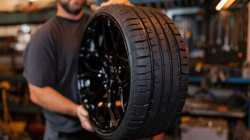 Mechanic holding glossy black alloy wheel in workshop