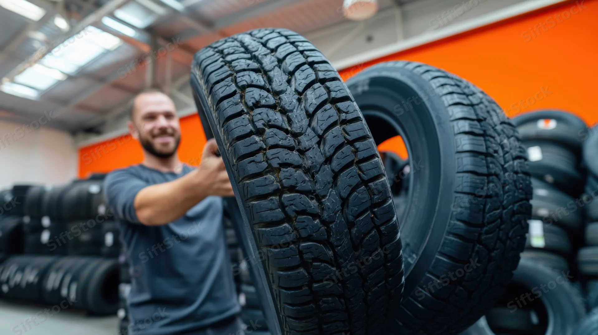Man lifting two black tires in a tire shop showcasing them