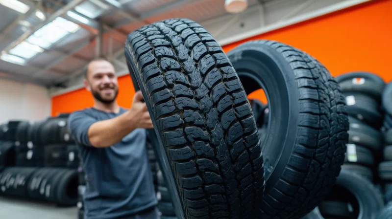 Man lifting two black tires in a tire shop showcasing them