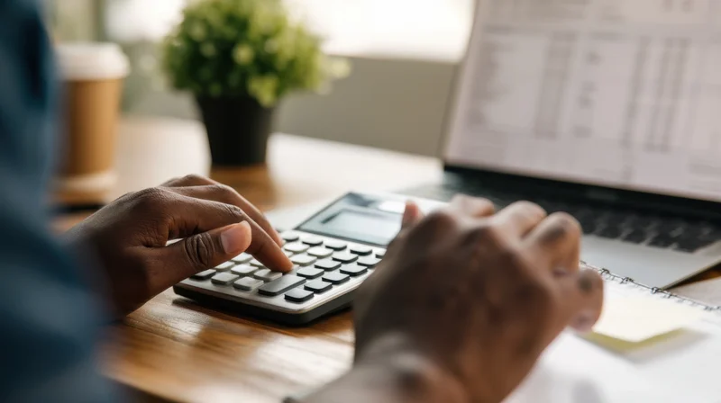 Man using calculator at desk with laptop and notebook nearby