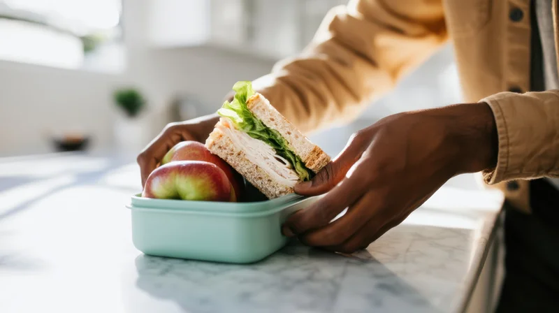 Hands placing a sandwich and two apples into a lunchbox on a kitchen countertop