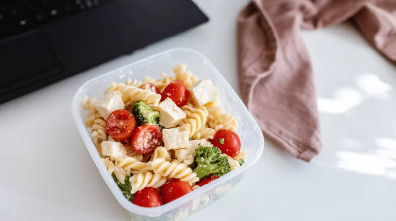 Plastic container with pasta salad including tofu, cherry tomatoes, and broccoli on a desk beside a laptop