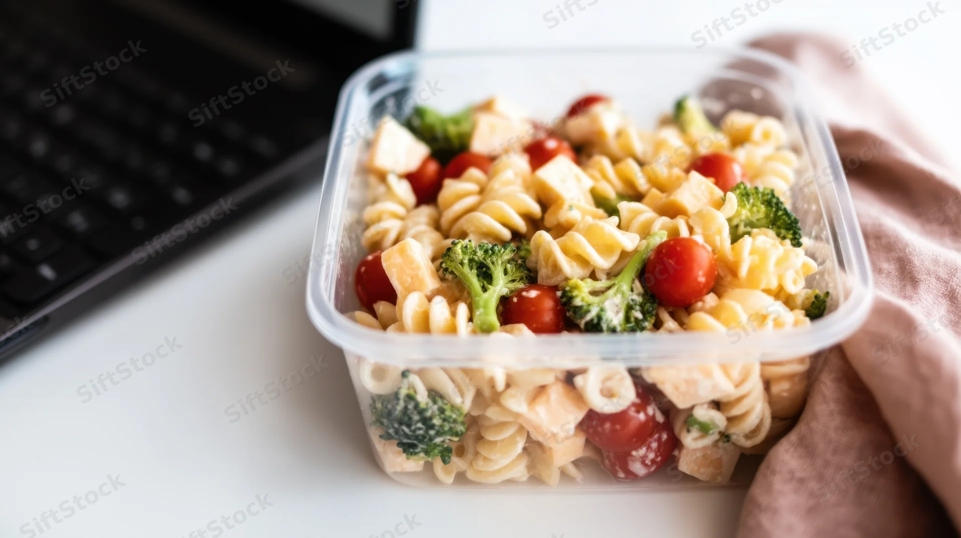 Plastic container with pasta salad including broccoli, tomatoes, and chicken on a desk beside a laptop