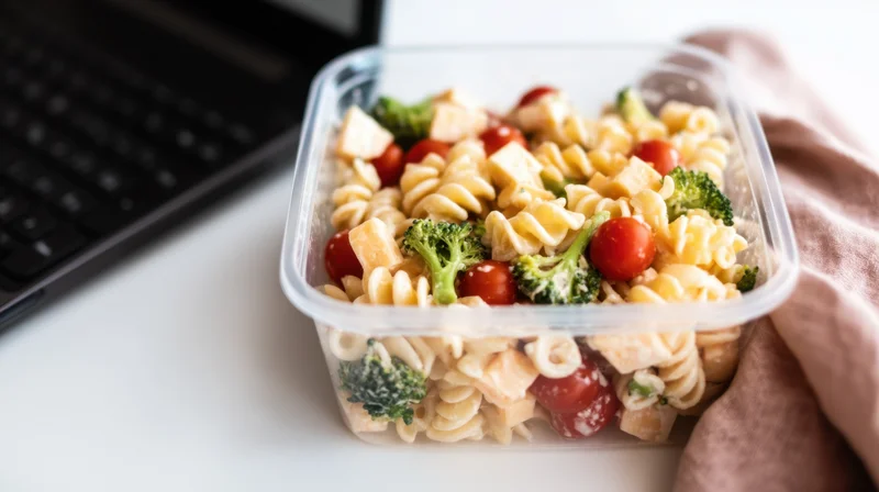 Plastic container with pasta salad including broccoli, tomatoes, and chicken on a desk beside a laptop