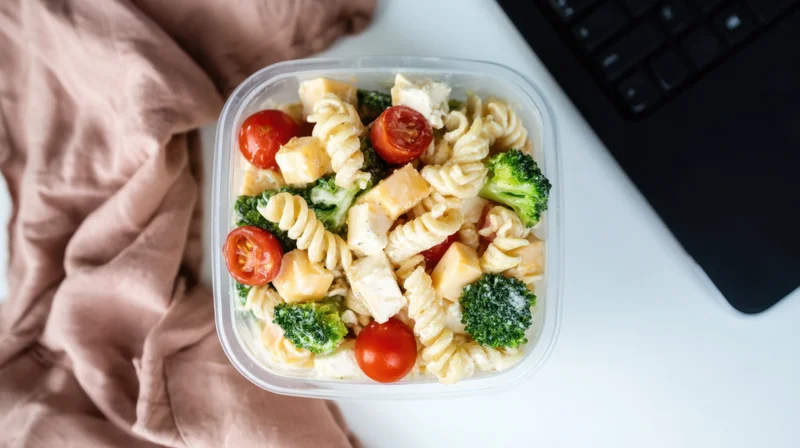 Pasta salad in a plastic container on a desk beside a laptop