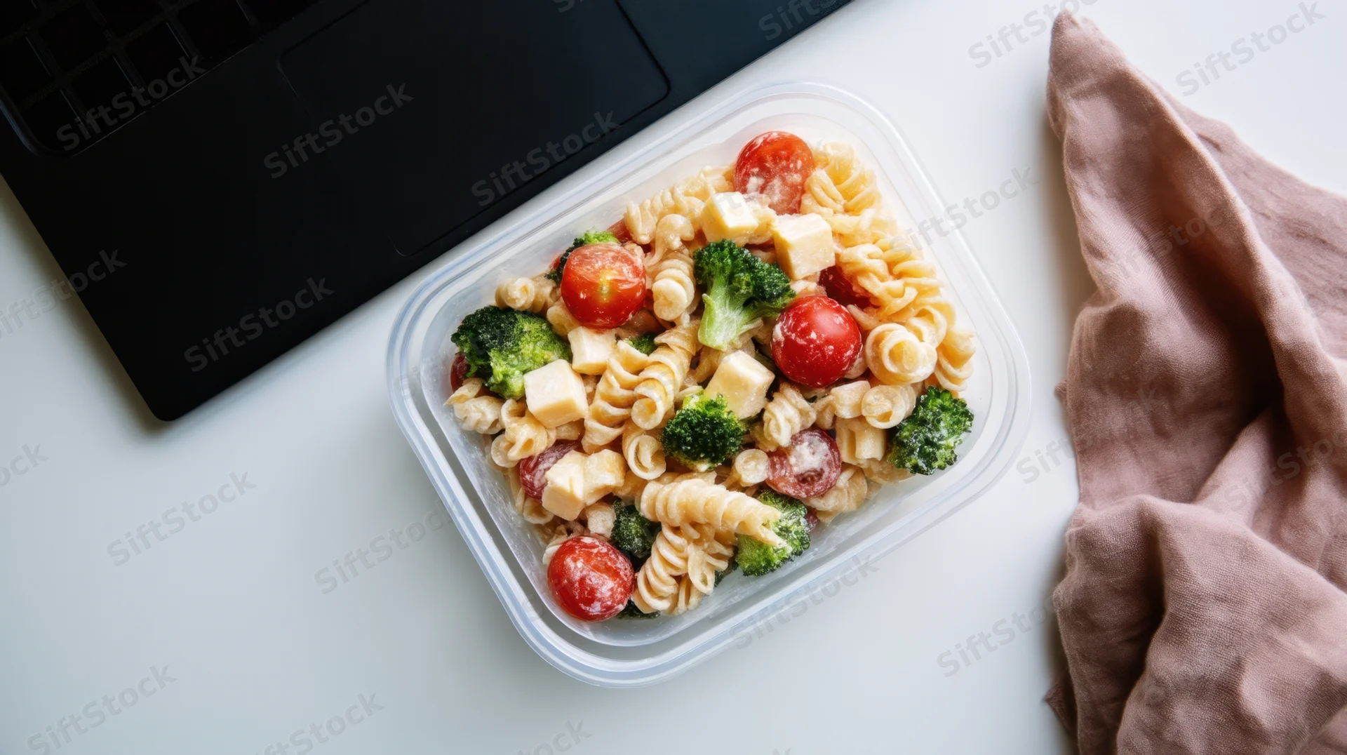 Pasta salad in a plastic container on a desk beside a laptop and cloth napkin