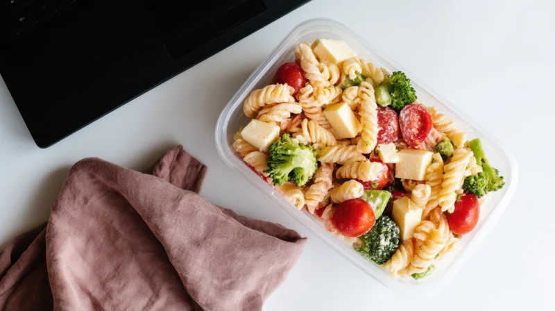 Pasta salad in a plastic container on a desk beside a laptop and cloth napkin